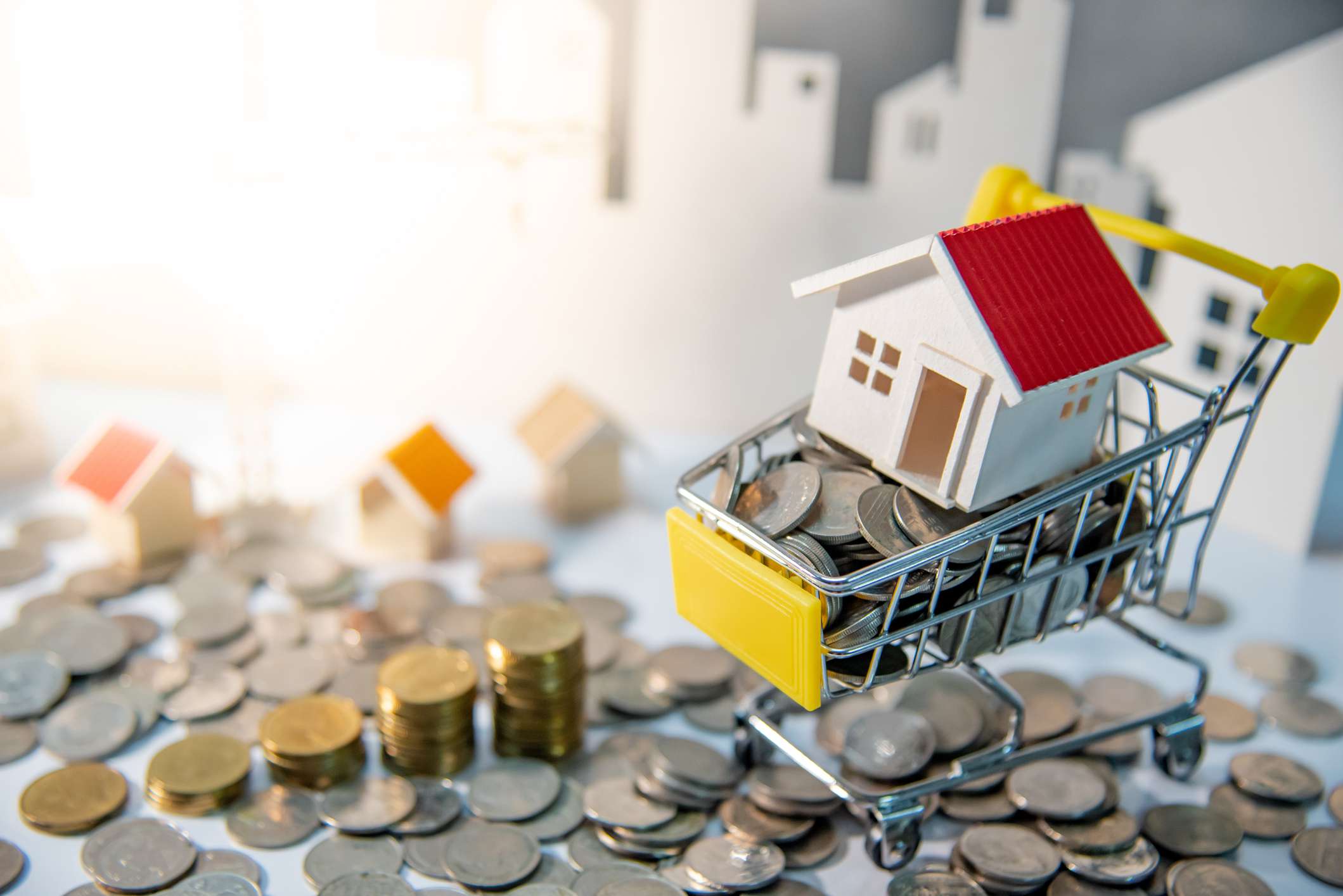 A house on a shopping cart full of coins