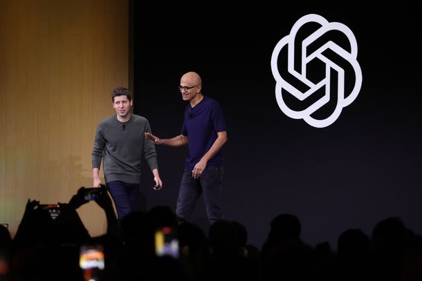 OpenAI CEO Sam Altman and Microsoft CEO Satya Nadella at an event.