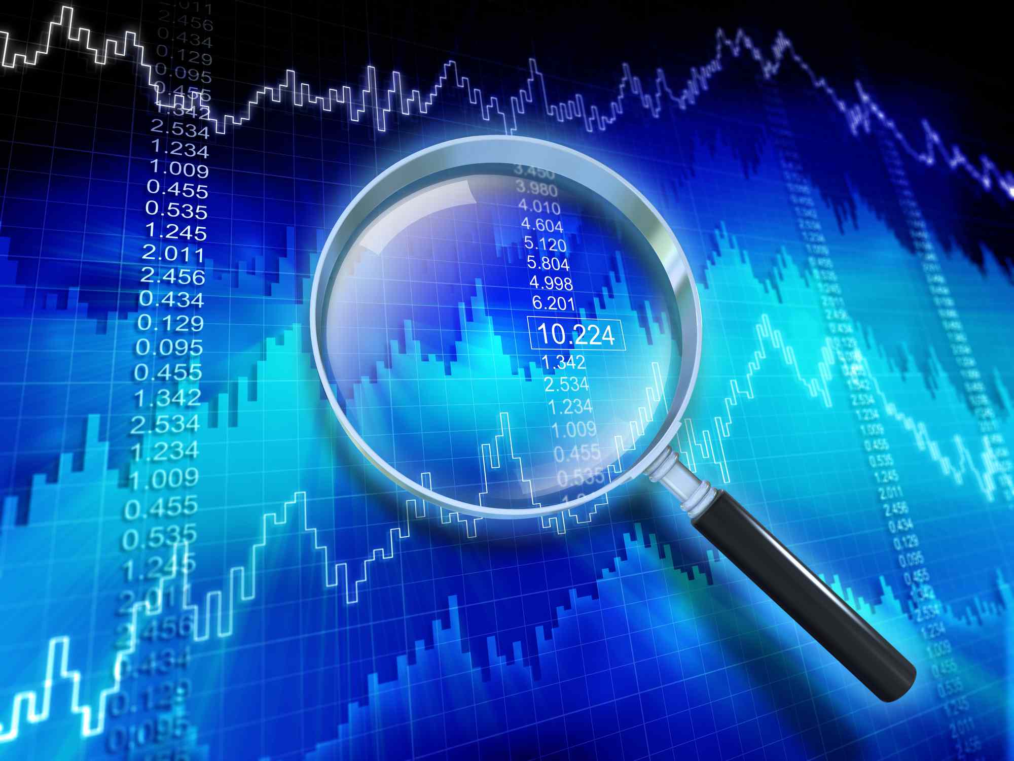 Financial data showing a rising trend with magnifying glass.