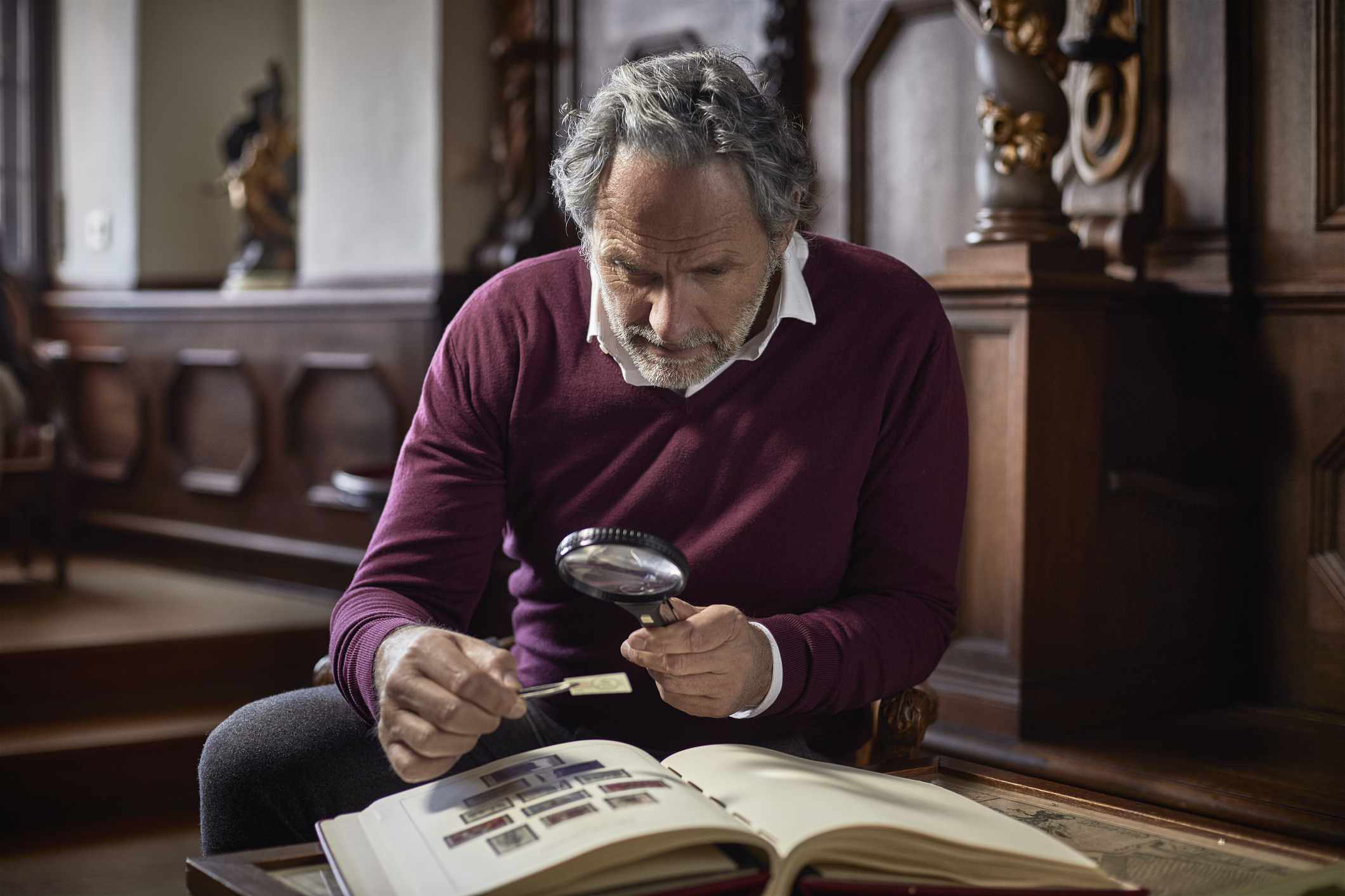 A Man Looks at a Stamp Collection